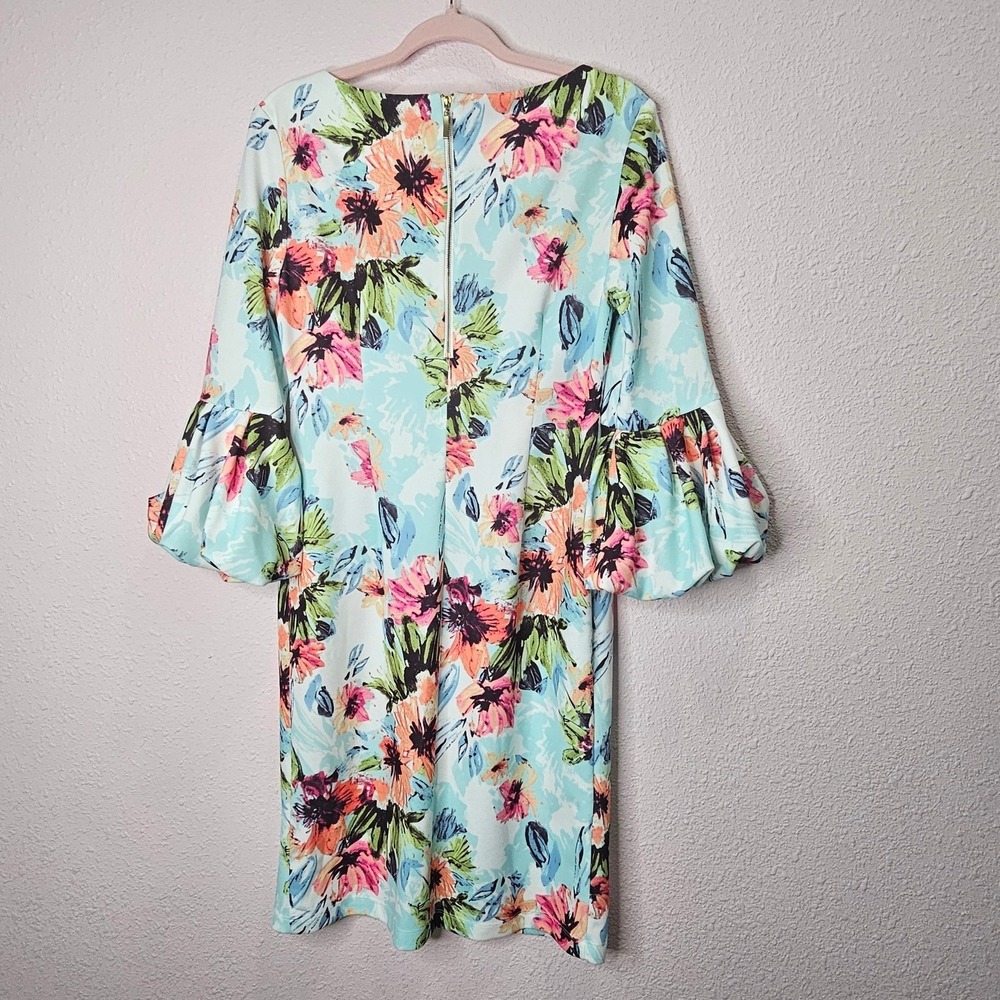 Ronni Nicole Womens Dress Floral Blue Bell Sleeve Shift Midi Wedding Easter - Picture 7 of 9